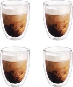 Merkloos 4x Dubbelwandige Koffiekopjes/theeglazen 350 Ml - Koken En Tafelen - Barista - Koffiekoppen/koffiemokken - Dubbelwandige Glazen