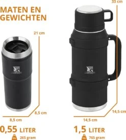 MacGyver RVS Thermoskan 1.5 Ltr – RVS Thermosbeker 0,55 Ltr - Langdurig Warm/koud - Zwart -Merkloos Winkel 1079x1200