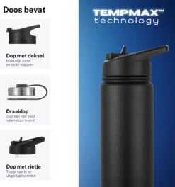 Thermo Master - Thermosfles & Drinkfles - Waterfles - 0,5 Liter - Midnight Black - 3 Doppen -Merkloos Winkel 1124x1200