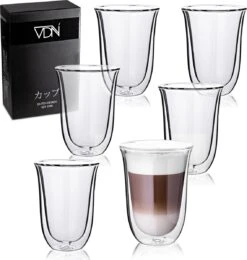 VDN Dubbelwandige Koffieglazen Theeglazen - 300 ML Mokken - Set Van 6 Handgeblazen Cappuccino Latte Macchiato Glazen Dubbelwandig