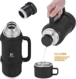 MacGyver RVS Thermoskan 1.5 Ltr – RVS Thermosbeker 0,55 Ltr - Langdurig Warm/koud - Zwart -Merkloos Winkel 1154x1200