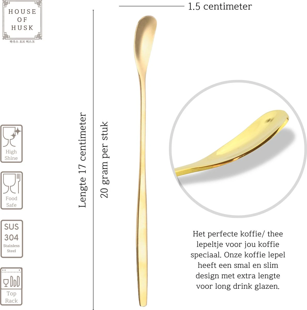 House Of Husk Latte Macchiato Lepels Set - Lange Theelepels - Koffielepels - Longdrinklepels - Barlepel - RVS - 6 Stuks - 17CM - Goud 4 House Of Husk Latte Macchiato Lepels Set - Lange Theelepels - Koffielepels - Longdrinklepels - Barlepel - RVS - 6 Stuks - 17CM - Goud - Afbeelding 2
