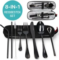 Damster Reisbestek - Verbeterde Versie - Meeneem Bestek Rvs - Reis Bestekset To Go - Incl. Herbruikbare Rietjes - Eenpersoons - Achtdelig - Zwart