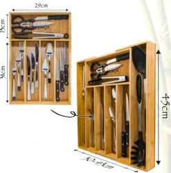 AWEMOZ Bestekbak – Bamboe Besteklade Uitschuifbaar – 5/7 Vakken - Bestekcassette - Bestekhouder Hout - Lade Organizer - Bestek Opbergen - 45 Cm Lang X 30-43 Cm Breed X 4 Cm Hoog -Merkloos Winkel 1192x1200 3