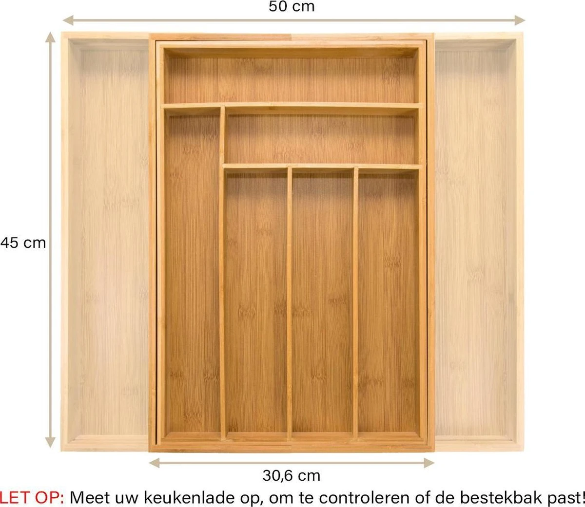 Budu Uitschuifbare Bamboe Bestekbak #45 (45 Cm Diep) - Bestekcassette Hout - Besteklade - 45 X 30,6 - 50 Cm - 6/8 Vakken 7 Budu Uitschuifbare Bamboe Bestekbak #45 (45 Cm Diep) - Bestekcassette Hout - Besteklade - 45 X 30,6 - 50 Cm - 6/8 Vakken - Afbeelding 5