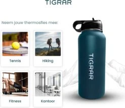 Tigrar - Waterfles - Drinkfles - Thermosfles 1 Liter Dubbelwandig - RVS - (Staal) Blauw - Incl. Extra Dop 3 Rietjes En Reiniger -Merkloos Winkel 1200x1044