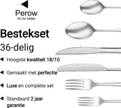 Perow 6 Persoons Bestekset – 36 Delig – 18/10 Edelstaal – Lepels, Messen, Vorken & Steakmessen – Vaatwasserbestendig – Zilver - Serviessets -Merkloos Winkel 1200x1073 1
