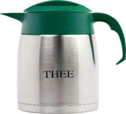 Isoleerkan EasyClean 1,2 Liter Rvs Met Opschrift THEE En Groen Kunststof Dop En Handgreep