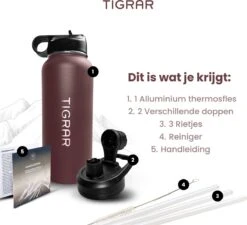 Tigrar - Waterfles Met Rietje - Drinkfles 1 Liter - Thermosfles - RVS - Rood - Incl. Extra Dop, 3 Rietjes En Reiniger -Merkloos Winkel 1200x1093 1