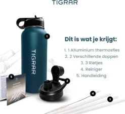 Tigrar - Waterfles - Drinkfles - Thermosfles 1 Liter Dubbelwandig - RVS - (Staal) Blauw - Incl. Extra Dop 3 Rietjes En Reiniger -Merkloos Winkel 1200x1093