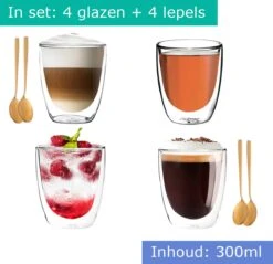 Dubbelwandige Koffieglazen - Cappuccino Glazen - Dubbelwandige Theeglazen - 300ML - 4x - Gratis Lepels -Merkloos Winkel 1200x1163 4