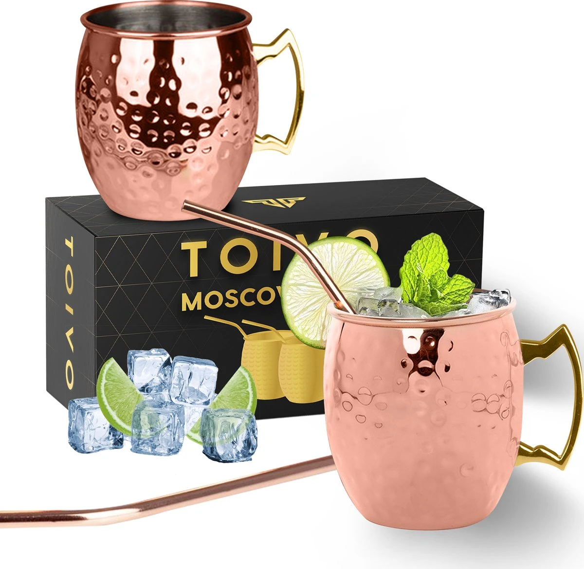 Toivo Moscow Mule Bekers Deluxe 2 Stuks - Brons - 500 Ml - Inclusief RVS Rietjes - Cocktailglas - Bekers 3 Toivo Moscow Mule Bekers Deluxe 2 Stuks - Brons - 500 Ml - Inclusief RVS Rietjes - Cocktailglas - Bekers