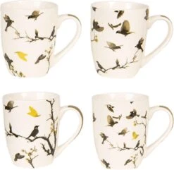 Clayre & Eef Mokken Set Van 4 300 Ml Beige Bruin Porselein Rond Vogels Koffiemok Cadeau Voor Haar Theemok