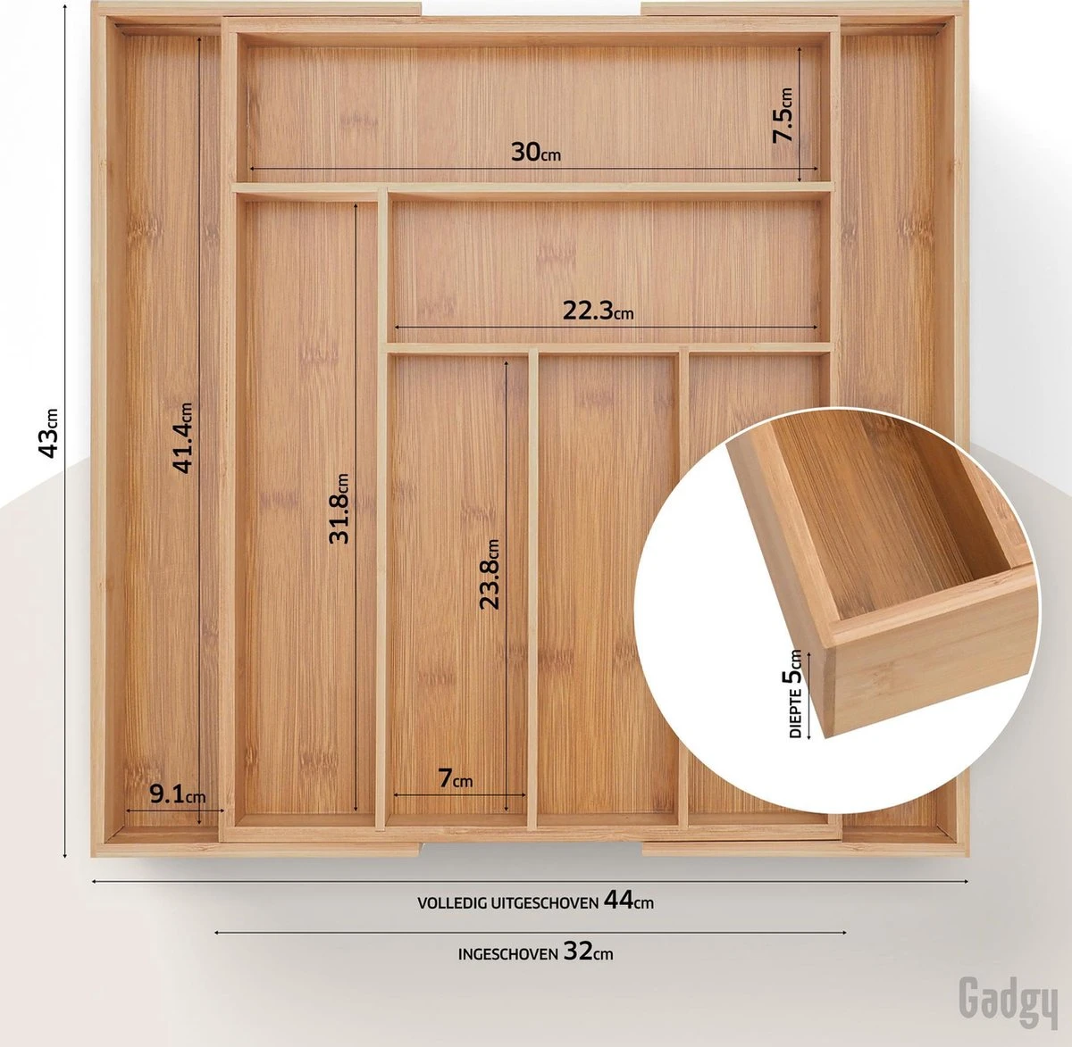 Gadgy Uitschuifbare Bestekbak - Uitschuifbare Bestekcassette Hout - Besteklade - Ladeverdeler - 6/8 Vakken - Bamboe 6 Gadgy Uitschuifbare Bestekbak - Uitschuifbare Bestekcassette Hout - Besteklade - Ladeverdeler - 6/8 Vakken - Bamboe - Afbeelding 4