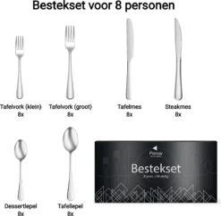 Perow 8 Persoons Bestekset - 48 Delig - 18/10 Edelstaal - Lepels, Messen, Vorken & Steakmessen - Vaatwasser Bestendig - Zilver -Merkloos Winkel 1200x1177 1