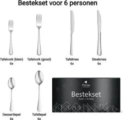 Perow 6 Persoons Bestekset – 36 Delig – 18/10 Edelstaal – Lepels, Messen, Vorken & Steakmessen – Vaatwasserbestendig – Zilver - Serviessets -Merkloos Winkel 1200x1177 2