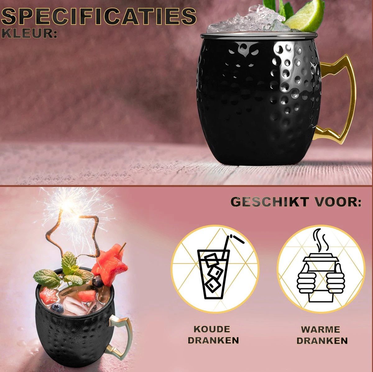 Toivo Moscow Mule Bekers Deluxe 2 Stuks - Zwart - Inclusief RVS Rietjes - 500 Ml - Cocktailglas - Bekers 4 Toivo Moscow Mule Bekers Deluxe 2 Stuks - Zwart - Inclusief RVS Rietjes - 500 Ml - Cocktailglas - Bekers - Afbeelding 2
