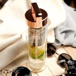 Dzukou - Theeglas Met Filter - Waterfles Met Fruit Filter - Thermosfles Met Rosé Gouden Dop - 425 Ml Dubbelwandig Glazen Waterfles - Theefles - Duurzame En Milieuvriendelijke Theebeker Voor Onderweg – Luchtdicht En Lekvrij -Merkloos Winkel 1200x1200 1045