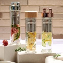 Dzukou - Theeglas Met Filter - Waterfles Met Fruit Filter - Thermosfles Met Rosé Gouden Dop - 425 Ml Dubbelwandig Glazen Waterfles - Theefles - Duurzame En Milieuvriendelijke Theebeker Voor Onderweg – Luchtdicht En Lekvrij -Merkloos Winkel 1200x1200 1046