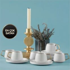 Karaca - Saturn Gold Turkse Koffiekopjes, Mokkakopjes Set - Porselein - Voor 6 Personen, 12-delig, Wit En Goud, 6 Espressokopjes En 6 Schoteltjes - Koffieservies -Merkloos Winkel 1200x1200 1097