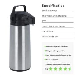 Cheqo® Thermos Pomp - 1.8L Roestvrij Staal - Isoleerkan Met Pomp - Thermoskan Met Pomp - Zwarte Dop & Handvat - Houdt 6 Uur Warm - 1800ml - Afmeting 17x14x36cm -Merkloos Winkel 1200x1200 12