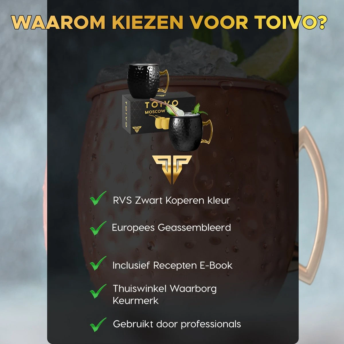 Toivo Moscow Mule Bekers Deluxe 2 Stuks - Zwart - Inclusief RVS Rietjes - 500 Ml - Cocktailglas - Bekers 6 Toivo Moscow Mule Bekers Deluxe 2 Stuks - Zwart - Inclusief RVS Rietjes - 500 Ml - Cocktailglas - Bekers - Afbeelding 4