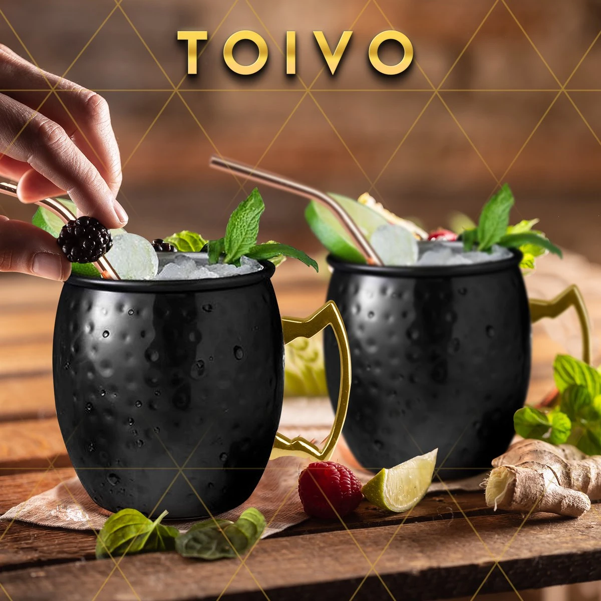 Toivo Moscow Mule Bekers Deluxe 2 Stuks - Zwart - Inclusief RVS Rietjes - 500 Ml - Cocktailglas - Bekers 7 Toivo Moscow Mule Bekers Deluxe 2 Stuks - Zwart - Inclusief RVS Rietjes - 500 Ml - Cocktailglas - Bekers - Afbeelding 5