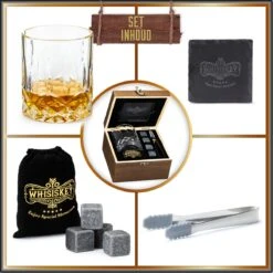Whisiskey Luxe Whiskey Set - Incl. Whiskey Glas, 4 Whiskey Stones, Onderzetter, Ijstang, Fluwelen Opbergzak, Opbergbox - Whisky Geschenkdoos - Accessoires - Herbruikbare IJsblokjes - Cadeau Voor Man & Vrouw -Merkloos Winkel 1200x1200 1351