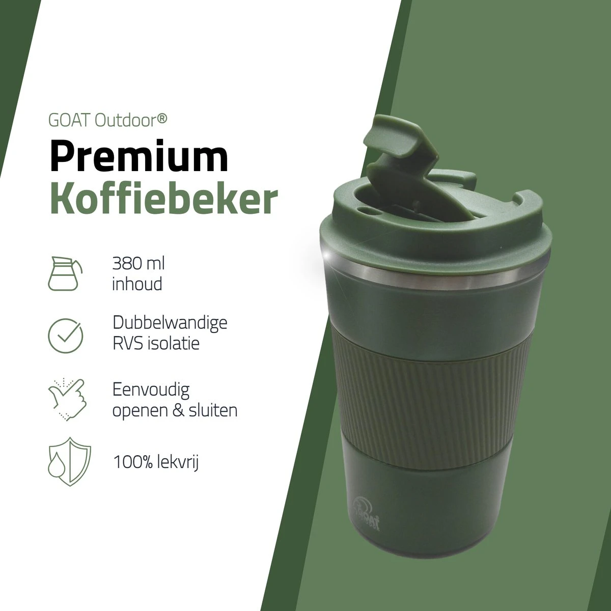 GOAT Outdoor RVS Koffiebeker To Go - Thermosbeker - Theebeker - Reisbeker - Lekvrij - 380ml - Groen 4 GOAT Outdoor RVS Koffiebeker To Go - Thermosbeker - Theebeker - Reisbeker - Lekvrij - 380ml - Groen - Afbeelding 2