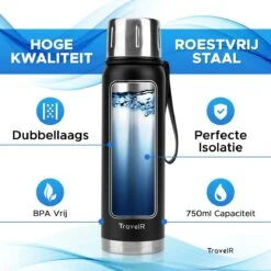 TravelR Thermosfles - Thermoskan - Drinkfles - Isoleerfles - BPA Vrij - Roestvrij Staal - 750 ML - Mat Zwart -Merkloos Winkel 1200x1200 316