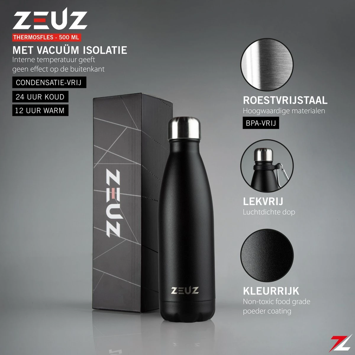 ZEUZ® Premium RVS Thermosfles & Drinkfles - Isoleerfles – Waterfles Met Rietje - BPA Vrij – 500 Ml - Mat Zwart 5 ZEUZ® Premium RVS Thermosfles & Drinkfles - Isoleerfles – Waterfles Met Rietje - BPA Vrij – 500 Ml - Mat Zwart - Afbeelding 3