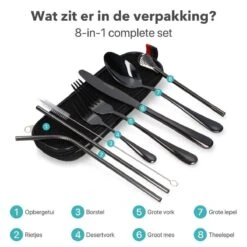 Damster Reisbestek - Verbeterde Versie - Meeneem Bestek Rvs - Reis Bestekset To Go - Incl. Herbruikbare Rietjes - Eenpersoons - Achtdelig - Zwart -Merkloos Winkel 1200x1200 514