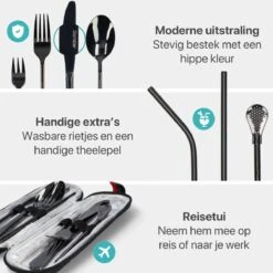 Damster Reisbestek - Verbeterde Versie - Meeneem Bestek Rvs - Reis Bestekset To Go - Incl. Herbruikbare Rietjes - Eenpersoons - Achtdelig - Zwart -Merkloos Winkel 1200x1200 518
