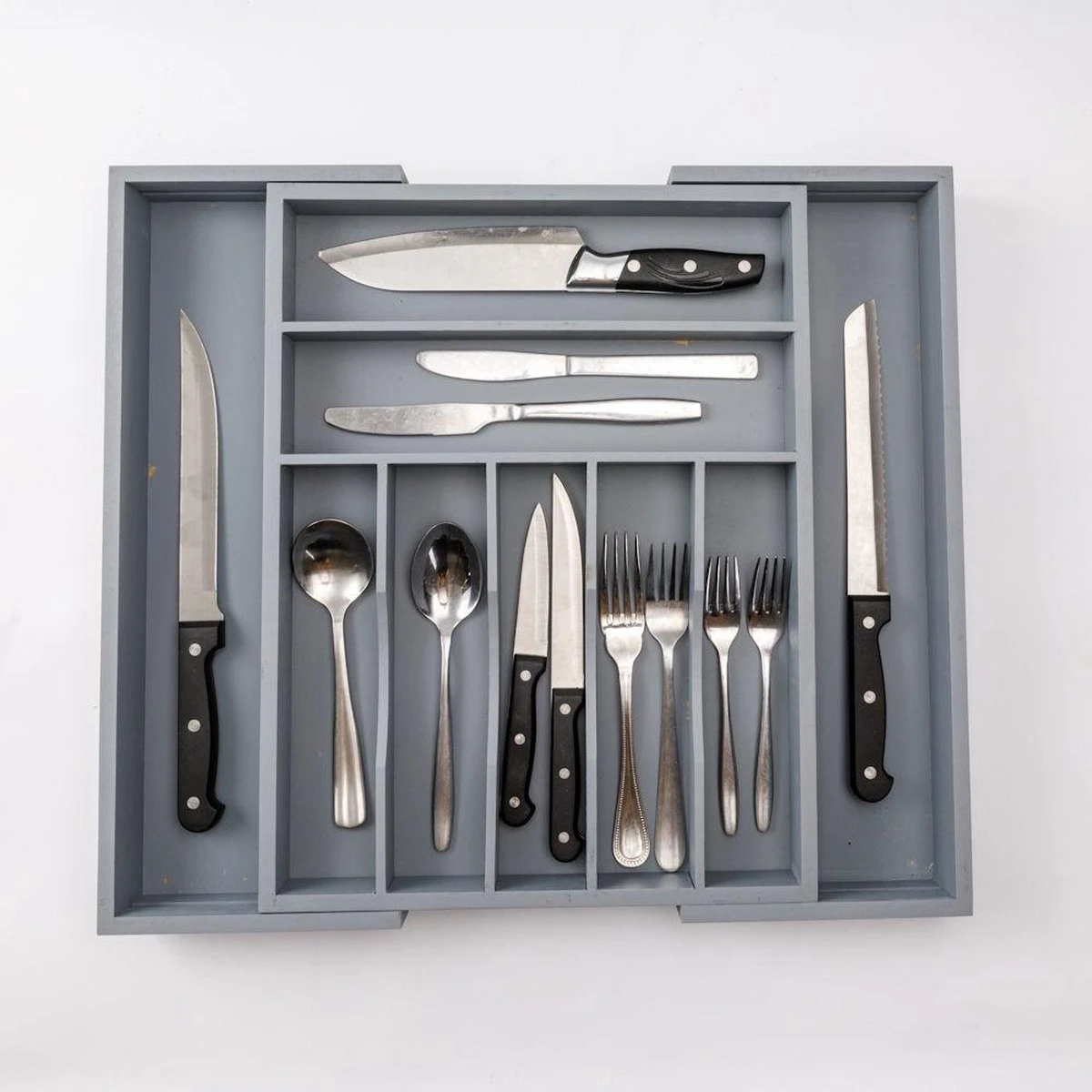 Merkloos Decopatent® Uitschuifbaar Bestekbak - Besteklade - 7 Vaks -> Uitschuifbaar Naar 9 Vakken - Bestekbakken Organizer - Bamboe - Grijs 4 Merkloos Decopatent® Uitschuifbaar Bestekbak - Besteklade - 7 Vaks -> Uitschuifbaar Naar 9 Vakken - Bestekbakken Organizer - Bamboe - Grijs - Afbeelding 2