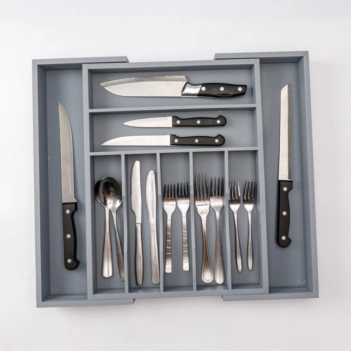 Merkloos Decopatent® Uitschuifbaar Bestekbak - Besteklade - 7 Vaks -> Uitschuifbaar Naar 9 Vakken - Bestekbakken Organizer - Bamboe - Grijs 10 Merkloos Decopatent® Uitschuifbaar Bestekbak - Besteklade - 7 Vaks -> Uitschuifbaar Naar 9 Vakken - Bestekbakken Organizer - Bamboe - Grijs - Afbeelding 8