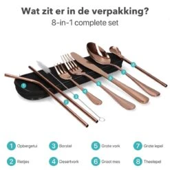 Damster Reisbestek - Verbeterde Versie - Meeneem Bestek Rvs - Reis Bestekset To Go - Incl. Herbruikbare Rietjes - Eenpersoons - Achtdelig - Roodgoud -Merkloos Winkel 1200x1200 657