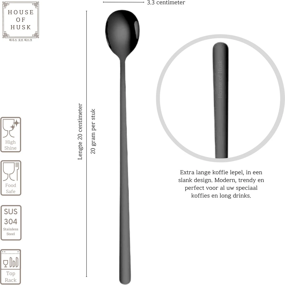 House Of Husk Latte Macchiato Lepels Set - Lange Theelepels - Koffielepels - Longdrinklepels - Sorbetlepels - Barlepel - RVS - 6 Stuks - 20CM - Zwart 4 House Of Husk Latte Macchiato Lepels Set - Lange Theelepels - Koffielepels - Longdrinklepels - Sorbetlepels - Barlepel - RVS - 6 Stuks - 20CM - Zwart - Afbeelding 2