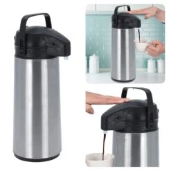 Merkloos Winkel 30 Cheqo® Thermos Pomp - 1.8L Roestvrij Staal - Isoleerkan Met Pomp - Thermoskan Met Pomp - Zwarte Dop & Handvat - Houdt 6 Uur Warm - 1800ml - Afmeting 17x14x36cm