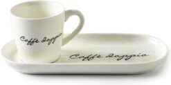 Riviera Maison Kop En Schotel Set, KoffieKop Met Tekst, Koffiemok - Caffè Solo - Wit - 195 Ml