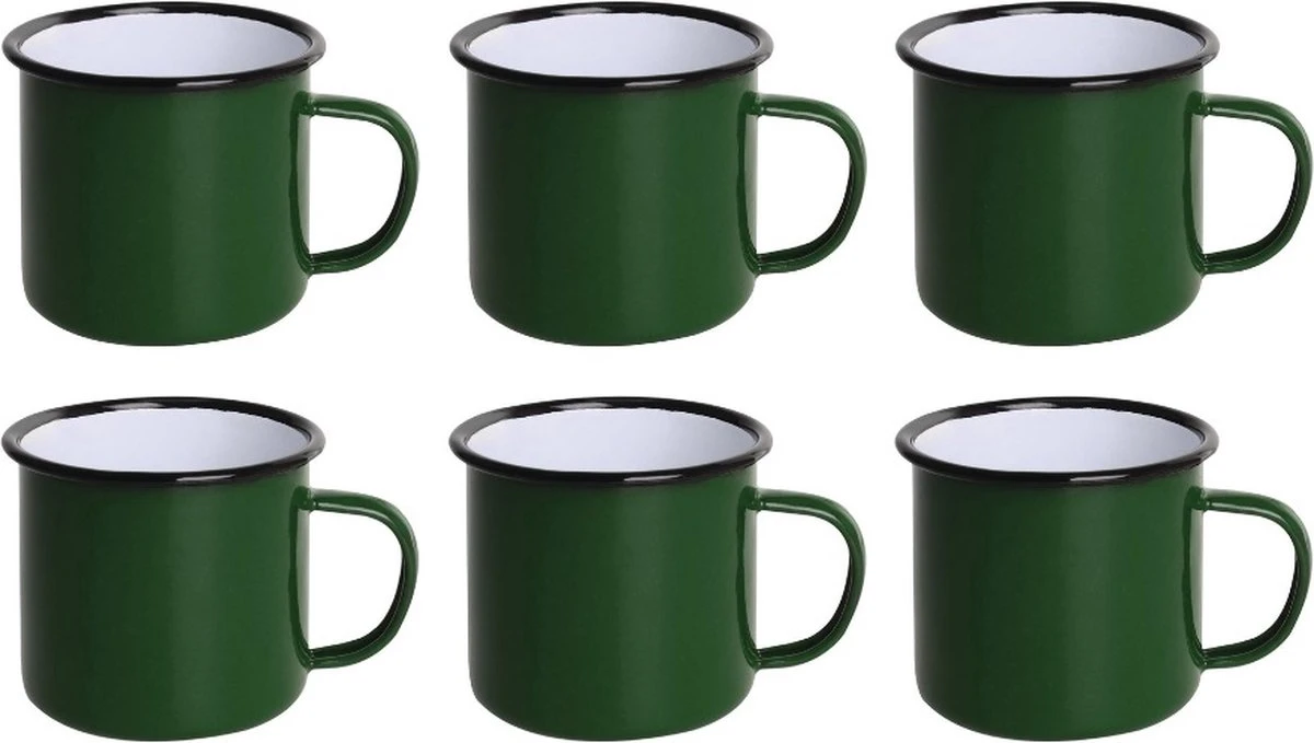 Olympia Emaille Mok 35cl - Emaille Beker Groen / Zwart - Emaille Servies ( Set Van 6 ) 3 Olympia Emaille Mok 35cl - Emaille Beker Groen / Zwart - Emaille Servies ( Set Van 6 )