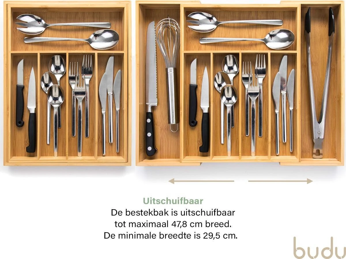 Budu Uitschuifbare Bamboe Bestekbak #38 (38 Cm Diep) - Bestekcassette Hout - Besteklade - 38 X 29,5 - 47,8 Cm - 5/7 Vakken 5 Budu Uitschuifbare Bamboe Bestekbak #38 (38 Cm Diep) - Bestekcassette Hout - Besteklade - 38 X 29,5 - 47,8 Cm - 5/7 Vakken - Afbeelding 3