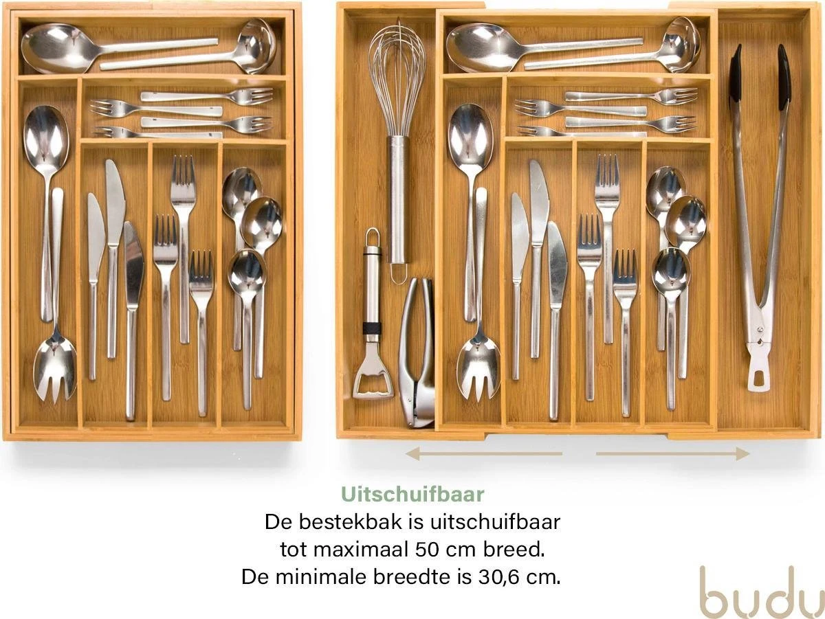 Budu Uitschuifbare Bamboe Bestekbak #45 (45 Cm Diep) - Bestekcassette Hout - Besteklade - 45 X 30,6 - 50 Cm - 6/8 Vakken 6 Budu Uitschuifbare Bamboe Bestekbak #45 (45 Cm Diep) - Bestekcassette Hout - Besteklade - 45 X 30,6 - 50 Cm - 6/8 Vakken - Afbeelding 4