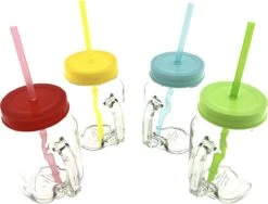 Drinkglas Met Rietje En Deksel - Pul - Mason Jar– 400 Ml – 4 Stuks