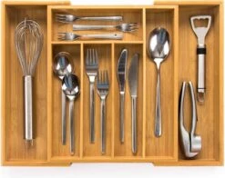 Budu Uitschuifbare Bamboe Bestekbak #33,5 (33,5 Cm Diep) - Bestekcassette Hout - Besteklade - 33,5 X 28 - 45 Cm - 5/7 Vakken