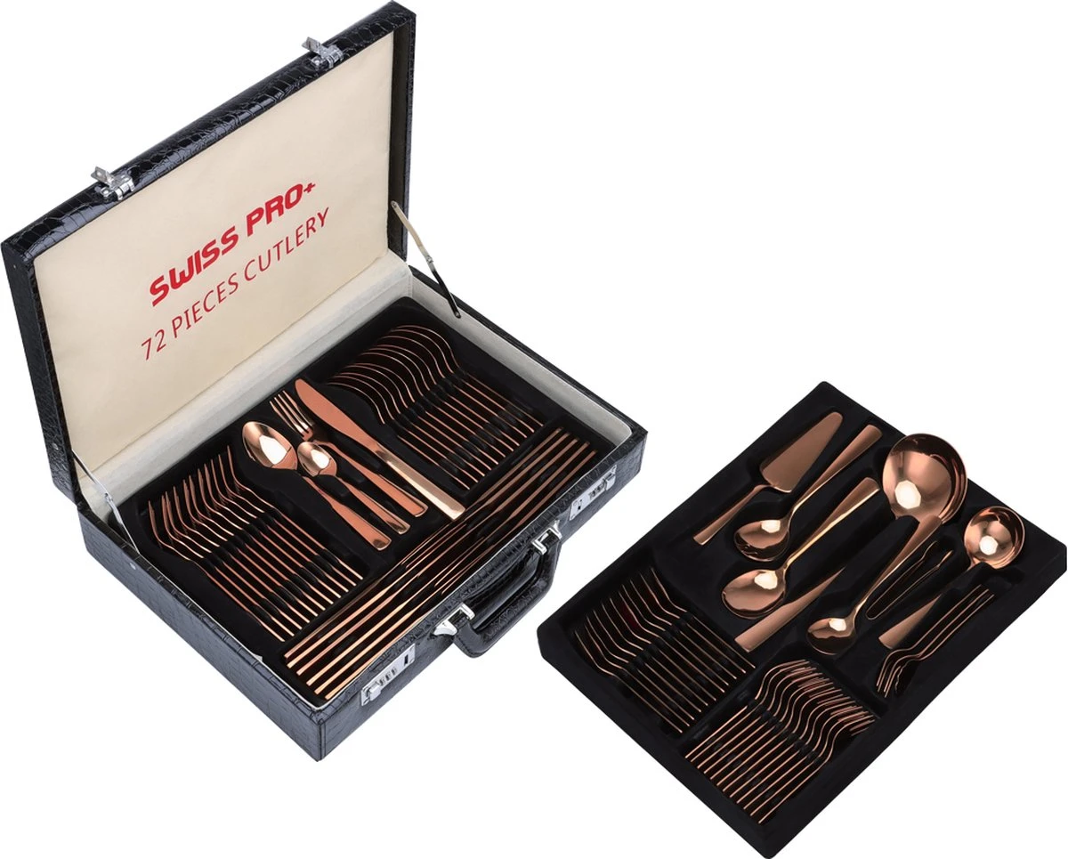 Swiss Pro+ Bestekset In Koffer-72 Delig-12 Persoons-Zwitsers Kwaliteit-Complete Set-100% Roestvrijstaal-Rose Gold 24k-Rose Goud 24K 4 Swiss Pro+ Bestekset In Koffer-72 Delig-12 Persoons-Zwitsers Kwaliteit-Complete Set-100% Roestvrijstaal-Rose Gold 24k-Rose Goud 24K - Afbeelding 2
