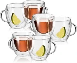 6 Dubbelwandige Glazen Met Oor - ThermischeTheeglazen Dubbelwandig - Koffieglas Handgeblazen - 250 Ml - Set Van 6 Stuks